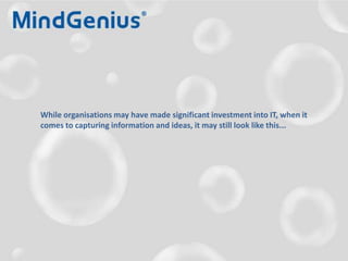 While organisations may have made significant investment into IT, when it comes to capturing information and ideas, it may still look like this...While organisations may have made significant investment into IT, when it comes to capturing information and ideas, it may still look like this...
