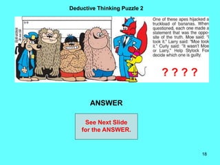 18
Deductive Thinking Puzzle 2
ANSWER
See Next Slide
for the ANSWER.
? ? ? ?
 