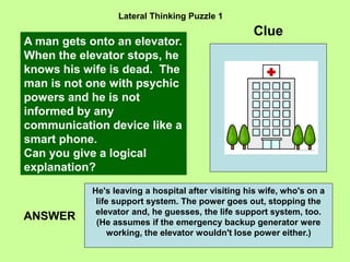 22
Lateral Thinking Puzzle 1
ANSWER
A man gets onto an elevator.
When the elevator stops, he
knows his wife is dead. The
man is not one with psychic
powers and he is not
informed by any
communication device like a
smart phone.
Can you give a logical
explanation?
He's leaving a hospital after visiting his wife, who's on a
life support system. The power goes out, stopping the
elevator and, he guesses, the life support system, too.
(He assumes if the emergency backup generator were
working, the elevator wouldn't lose power either.)
Clue
 