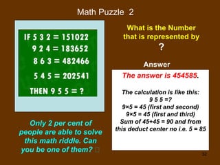 32
Math Puzzle 2
What is the Number
that is represented by
?
Only 2 per cent of
people are able to solve
this math riddle. Can
you be one of them? 🙄
The answer is 454585.
The calculation is like this:
9 5 5 =?
9×5 = 45 (first and second)
9×5 = 45 (first and third)
Sum of 45+45 = 90 and from
this deduct center no i.e. 5 = 85
Answer
 