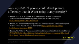 Aiyo, my SMART phone, could develop more
efficiently than I: Wiser today than yesterday?
• Hussain, A.S., Yu, X. & Johnson, R.D. Application of Neural Computing in
Pharmaceutical Product Development. Pharm Res 8, 1248–1252 (1991).
https://doi.org/10.1023/A:1015843527138
• Hussain, A.S. Pharmaceuticals Beyond 2020: Professionals and Artificial intelligence.
Pharma Times - Vol. 52 - No. 06 - June 2020. https://ipapharma.org/3d-flip-
book/pharma-times-june-2020/
• Hussain, A.S. AI-Based Pharmaceutical Formulations and Fraud Detection in Pharma.
INTERPHEX 2024 Sheds Light on Cutting-Edge Solutions: Leveraging AI for Fraud
Detection in Pharma (biopharmaboardroom.com)
7/6/2024
Ajaz | Insights for A2Z4.0 Research and Analytics Pvt. Ltd. 2
33 Years
 