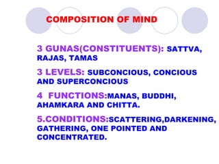 COMPOSITION OF MIND 3 GUNAS(CONSTITUENTS):   SATTVA, RAJAS, TAMAS 3 LEVELS:   SUBCONCIOUS, CONCIOUS  AND SUPERCONCIOUS 4  FUNCTIONS: MANAS, BUDDHI, AHAMKARA AND CHITTA. 5.CONDITIONS: SCATTERING,DARKENING,GATHERING, ONE POINTED AND CONCENTRATED. 