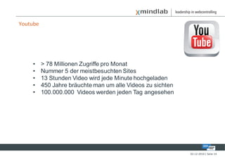 Youtube




    •     > 78 Millionen Zugriffe pro Monat
    •     Nummer 5 der meistbesuchten Sites
    •     13 Stunden Video wird jede Minute hochgeladen
    •     450 Jahre bräuchte man um alle Videos zu sichten
    •     100.000.000 Videos werden jeden Tag angesehen




                                                             02-12-2010 | Seite 14
 