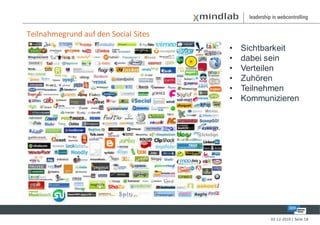 Teilnahmegrund auf den Social Sites
                                      •   Sichtbarkeit
                                      •   dabei sein
                                      •   Verteilen
                                      •   Zuhören
                                      •   Teilnehmen
                                      •   Kommunizieren




                                                02-12-2010 | Seite 18
 