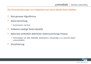 Die Herausforderungen zur Integration von Social Media Daten bleiben

• Kein genauer Algorithmus
• Daten Sammlung
   • Kommentare und Post
• Teilweise niedrige Daten Qualität
• Noch kein einheitlich definierter Datensammlungs-Prozess
   • Technologien von IBM, RADIAN6, BUZZmetrics, Clarabridge u.v.a sammeln Daten
     unterschiedlich

• Visualisierung




                                                                                   02-12-2010 | Seite 32
 