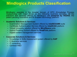 Mindlogicx Products Classification Mindlogicx operates in the broader domain of KPO (Knowledge Process Outsourcing) with major thrust on the following business domains. All the solutions and services offered by Mindlogicx are  powered by VEDAS , the patent pending innovative and BI enabled technology platform  Academic Solutions & Services: Examination Management System offered by  intelliEXAMS  suite Certificate Authentication Service offered by  intelli CAS  platform Virtual University solution offered by  MindSpace  suite Hybrid Finishing School offered by  GradFirst  platform  Digital content management services  Corporate Solutions & Services: Knowledge & Skills Assessment system offered by  KAP   E Business services IT consulting Contract R&D 