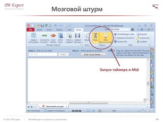 14© 2015 PM Expert MindManager в управлении проектами
Мозговой штурм
Запуск таймера и МШ
 