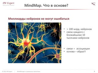 5© 2015 PM Expert MindManager в управлении проектами
MindMap. Что в основе?
Миллиарды нейронов не могут ошибаться
• > 100 млрд. нейронов
• связи каждого с
ближайшими 10
тысячами нейронов
• связи = ассоциации
• основа – образ!!!
 