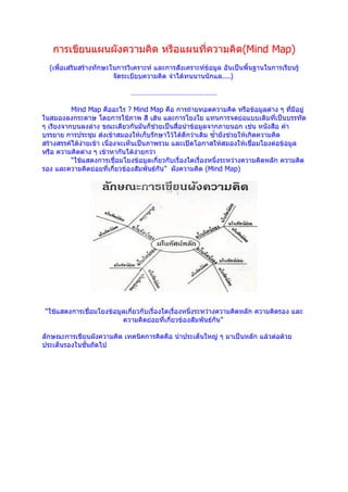 การเขียนแผนผังความคิด หรือแผนที่ความคิด(Mind Map)
  (เพื่อเสริมสร้างทักษะในการวิเคราะห์ และการสังเคราะห์ข้อมูล อันเป็นพื้นฐานในการเรียนรู้
                        จัดระเบียบความคิด จำาได้ทนนานนักแล....)

                              ………………………………………

          Mind Map คืออะไร ? Mind Map คือ การถ่ายทอดความคิด หรือข้อมูลต่าง ๆ ที่มีอยู่
ในสมองลงกระดาษ โดยการใช้ภาพ สี เส้น และการโยงใย แทนการจดย่อแบบเดิมทีเป็นบรรทัด   ่
ๆ เรียงจากบนลงล่าง ขณะเดียวกันมันก็ช่วยเป็นสื่อนำาข้อมูลจากภายนอก เช่น หนังสือ คำา
บรรยาย การประชุม ส่งเข้าสมองให้เก็บรักษาไว้ได้ดีกว่าเดิม ซำ้ายังช่วยให้เกิดความคิด
สร้างสรรค์ได้ง่ายเข้า เนื่องจะเห็นเป็นภาพรวม และเปิดโอกาสให้สมองให้เชื่อมโยงต่อข้อมูล
หรือ ความคิดต่าง ๆ เข้าหากันได้ง่ายกว่า
          “ใช้แสดงการเชื่อมโยงข้อมูลเกี่ยวกับเรื่องใดเรื่องหนึ่งระหว่างความคิดหลัก ความคิด
รอง และความคิดย่อยทีเกี่ยวข้องสัมพันธ์กัน” ผังความคิด (Mind Map)
                        ่




 “ใช้แสดงการเชื่อมโยงข้อมูลเกี่ยวกับเรื่องใดเรื่องหนึ่งระหว่างความคิดหลัก ความคิดรอง และ
                          ความคิดย่อยที่เกี่ยวข้องสัมพันธ์กัน”

ลักษณะการเขียนผังความคิด เทคนิคการคิดคือ นำาประเด็นใหญ่ ๆ มาเป็นหลัก แล้วต่อด้วย
ประเด็นรองในชั้นถัดไป
 