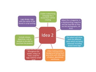 Idea 2
Create a advertising
campaign for a
brand that I will be
creating Advert for a magazine, in
a skateboarding magazine
and hip hop/r&b as they
are the demographic, A4
Print
The advert will show
both the different
ideas which are being
released/ including
brand name logo
Urban looking poster,
background being black
and white with little bits
of colour, abandoned
warehouse.
Keep font the same
throughout the
poster, using 2 at
most, script for
logo, bold for small
print
Include release
date/time. Link to
website to be able to
purchase the product
Logo design, logo
with the name of the
brand in script writing
 