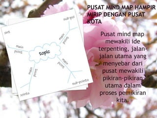 Pusat mind map
mewakili ide
terpenting, jalan-
jalan utama yang
menyebar dari
pusat mewakili
pikiran-pikiran
utama dalam
proses pemikiran
kita.
 