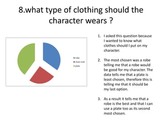8.what type of clothing should the
character wears ?
1. I asked this question because
I wanted to know what
clothes should I put on my
character.
2. The most chosen was a robe
telling me that a robe would
be good for my character. The
data tells me that a plate is
least chosen, therefore this is
telling me that it should be
my last option.
3. As a result it tells me that a
robe is the best and that I can
use a plate too as its second
most chosen.
 