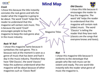 Mind Map 
Magazine Titles 
Crash 
I chose this because the title instantly 
connotes the rock genre and tells the 
reader what the magazine is going to 
be about. The word ‘Crash’ helps the 
reader to understand that this 
magazine will contain rock music. This 
is because the word ‘Crash’ 
encourages people to buy the 
magazine to keep the rock genre alive 
in the music industry. 
Old Classics 
I chose this title because it 
encourages the reader to 
buy the magazine. The 
word ‘old’ helps the reader 
to understand that this 
magazine will contain rock 
(older) music. The word 
‘Classics’ is telling the 
reader that they love rock 
(classics are the songs that 
everyone knows and loves). 
Rock ‘N’ Roll 
I chose this magazine name because it 
symbolises the rock genre. This is 
because rock at the moment is seen as a 
genre of music that has been and had it 
day in the music industry. Therefore they 
have ‘Old Classics’, the word ‘classics’ 
helps the audience understand what the 
magazine will be about because of other 
magazines such as ‘Classic Rock’ 
Riot 
I chose this magazine title because it 
conforms to the stereotype that 
people who like rock music can be 
violent and rowdy. The one word title 
instantly tells the reader what genre of 
music the magazine is. 
