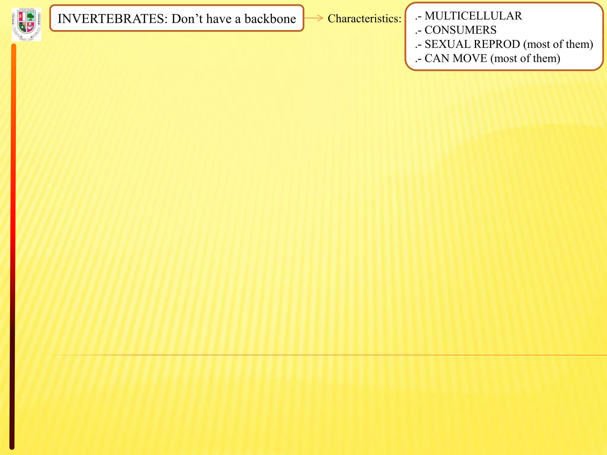 INVERTEBRATES: Don’t have a backbone Characteristics: .- MULTICELLULAR
.- CONSUMERS
.- SEXUAL REPROD (most of them)
.- CAN MOVE (most of them)
 