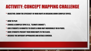 ACTIVITY: CONCEPT MAPPING CHALLENGE
• OBJECTIVE: SHOW THE EFFICIENCY OF MIND MAPS IN BREAKING DOWN COMPLEX TOPICS.
• HOW TO PLAY:
• CHOOSE A COMPLEX TOPIC (E.G., "CLIMATE CHANGE").
• GIVE STUDENTS 10 MINUTES TO CREATE A MIND MAP INDIVIDUALLY OR IN PAIRS.
• HAVE STUDENTS PRESENT THEIR MIND MAPS TO THE CLASS.
• DISCUSS THE DIFFERENT APPROACHES AND DETAILS COVERED.
 