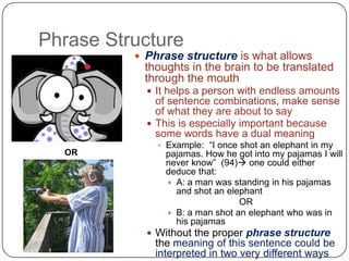 Phrase StructurePhrase structure is what allows thoughts in the brain to be translated through the mouthIt helps a person with endless amounts of sentence combinations, make sense of what they are about to sayThis is especially important because some words have a dual meaningExample:  “I once shot an elephant in my pajamas. How he got into my pajamas I will never know”  (94) one could either deduce that:A: a man was standing in his pajamas and shot an elephant 			ORB: a man shot an elephant who was in his pajamasWithout the proper phrase structure the meaning of this sentence could be interpreted in two very different ways One sentence may give the wrong impression to the listenerOR