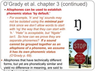 O’Grady et al. chapter 3 (continued)Allophones can be used to establish phonemic status ‘by default.’For example, ‘h’ and ‘ng’ sounds may not be isolated using the minimal pair trick since we don’t allow words to start with ‘ng’ the way that they can start with ‘h.’  “Hate” is acceptable, but “Ngate” isn’t.  So how can we prove they are separate phonemes?  If a sound cannot be grouped together as an allophone of a phoneme, we assume it has its own phonemic status (O’Grady p. 69).  Allophones that have technically different forms, but yet are phonetically similar and yield no difference in meaning, are said to be in free variation.For example, the way  the /p/ in ‘stop’ is pronounced when casually reading a stop sign versus shouting at an annoying brother to cease his behavior. 
