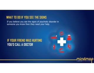 WHAT TO DO IF YOU SEE THE SIGNS
If you believe you see the signs of psychotic disorder in
someone you know then they need your help.
IF YOUR FRIEND WAS HURTING
YOU’D CALL A DOCTOR
 