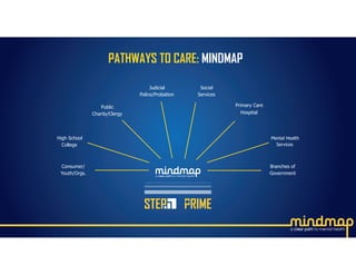 High School
College
Mental Health
Services
Public
Charity/Clergy
Primary Care
Hospital
Social
Services
Judicial
Police/Probation
Consumer/
Youth/Orgs.
Branches of
Government
PATHWAYS TO CARE: MINDMAP
 