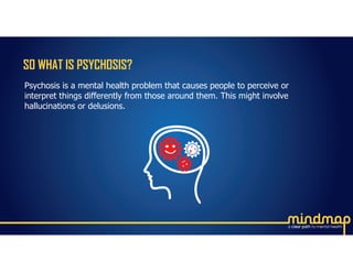 SO WHAT IS PSYCHOSIS?
Psychosis is a mental health problem that causes people to perceive or
interpret things differently from those around them. This might involve
hallucinations or delusions.
 