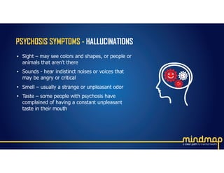 PSYCHOSIS SYMPTOMS - HALLUCINATIONS
• Sight – may see colors and shapes, or people or
animals that aren't there
• Sounds - hear indistinct noises or voices that
may be angry or critical
• Smell – usually a strange or unpleasant odor
• Taste – some people with psychosis have
complained of having a constant unpleasant
taste in their mouth
 