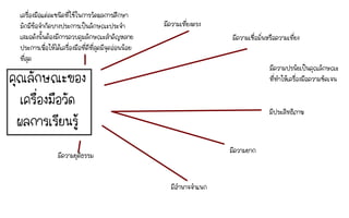 คุณลักษณะของ
เครื่องมือวัด
ผลการเรียนรู้
เครื่องมือแต่ละชนิดที่ใช้ในการวัดผลการศึกษา
มักมีข้อจํากัดบางประการเป็นลักษณะประจํา
เสมอดังนั้นต้องมีการควบคุมลักษณะสําคัญหลาย
ประการเพื่อให้ได้เครื่องมือที่ดีที่สุดมีจุดอ่อนน้อย
ที่สุด
มีความเที่ยงตรง
มีความเชื่อมั่นหรือความเที่ยง
มีความปรนัยเป็นคุณลักษณะ
ที่ทําให้เครื่องมือความชัดเจน
มีประสิทธิภาพ
มีความยาก
มีอํานาจจําแนก
มีความยุติธรรม
 