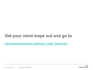 Get your mind maps out and go to
http://www.horse-games.org/Horse_Lunge_Game.html




14   May 3, 2012   © F-Secure Confidential
 