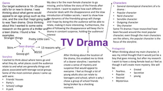 TV Drama
Characters
• General stereotypical characters of a tv
drama :
• Popular character
• Nerd character
• Sensible character
• Outgoing character
• Shy character
Some TV dramas I have researched have
been focused around the most popular
character, even though the main characters
are the others, the popular character is the
focus of the storyline.
Genre
Our target audience is 16- 25-year
old's for or new tv drama. I was
thinking about what genre would
appeal to an age group such as this
one, and the one that I kept going back
to was Teen drama. Once thinking
about this I wanted to some extra
research on the genre of a thriller and
a teen drama. I found a few
examples.
Teen dramas
Stranger things Pretty Little Liars
Skins
90210
Gossip girl
13 reasons why
Storyline
I started to think about where teens go and
what they do, what places could the audience
relate to and what are generally things and
places associated with teenage social groups.
Some of the most common places I came up
with were:
• Friends' houses
• Party's
• School/ college
• A park
Protagonist
When thinking about my main character, it
was my initial thought that it would just be a
boy that goes missing, but after my research
I want to have a stong female lead as I feel as
though it will create more mystery. She will
be:
• Fearless.
• Popular
• Desired
• Mysterious
• Envied
• Secretive
• young
My idea is for the main female character to go
missing, and to follow the story of the friends after
the incident. I want to explore how each different
character deals with the disappearance and the slow
introduction of hidden secrets. I want to show how
the dynamics of the friendship group will change
and I hope by doing this the audience will be able to
relate, making it more interesting. Furthermore, the
idea of following the disappearance will keep the tv
drama in constant suspense, holding the audiences'
interest
After thinking about the location of
the drama, this enabled me to think
of a clearer storyline. I wanted to
create a sense of mystery and
suspense that would appeal to
everyone. I feel as though a lot of
young adults also can relate to
teenagers and school, which is why I
chose a group of school friends
being broken by a shocking
moment.
 