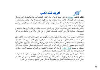 ‫ﺗﻌﺮﯾﻒ ﻧﻘﺸﻪ ذﻫﻨﯽ‬
‫ﻧﻘﺸﻪ ذﻫﻨﯽ، ﻧﻤﻮداري درﺧﺘﯽ اﺳﺖ ﮐﻪ ﺑﺮاي ﺑﯿﺎن ﮐﺮدن ﮐﻠﻤﺎت، اﯾﺪه ﻫﺎ، ﻓﻌﺎﻟﯿﺖﻫﺎ ﯾﺎ ﻣﻮارد دﯾﮕﺮ‬
‫ﻣﺮﺑﻮط ﺑﻪ ﯾﮏ ﮐﻠﯿﺪ واژه ﯾﺎ اﯾﺪه ﻣﻮرد اﺳﺘﻔﺎده ﻗﺮار ﻣﯽ ﮔﯿﺮد. اﯾﻦ ﻧﻤﻮدار ﺑﺮاي ﺗﻮﻟﯿﺪ، ﺳﺎزﻣﺎﻧﺪﻫﯽ و‬
‫ﺳﺎﺧﺘﺎر دﻫﯽ اﯾﺪهﻫﺎ و اﻓﮑﺎر ﺑﻪ ﮐﺎر ﺑﺴﺘﻪ ﻣﯽﺷﻮد و در ﺣﻞ ﻣﺴﺌﻠﻪ، ﻓﺮاﯾﻨﺪ ﺗﺼﻤﯿﻢ ﮔﯿﺮي و ﻧﻮﺷﺘﻦ‬
                                                           ‫ﻣﯽ ﺗﻮاﻧﺪ ﻣﻮرد اﺳﺘﻔﺎده ﻗﺮار ﺑﮕﯿﺮد.‬
‫ﻋﻨﺎﺻﺮ ﯾﮏ ﻧﻘﺸﻪ ذﻫﻨﯽ ﺑﻪ ﺻﻮرت ادراﮐﯽ و ﺑﺮ اﺳﺎس اﻫﻤﯿﺖ ﻣﻄﺎﻟﺐ در ﻗﺎﻟﺐ ﮔﺮوه ﻫﺎ، ﺷﺎﺧﻪﻫﺎ و‬
‫ﻗﺴﻤﺖﻫﺎي ﻣﺘﻔﺎوت ﻗﺮار ﻣﯽ ﮔﯿﺮﻧﺪ. ﻧﻘﺸﻪﻫﺎي ذﻫﻨﯽ را ﻣﯽ ﺗﻮان ﺑﺮاي ﻣﺮور ﺣﺎﻓﻈﻪ ﻧﯿﺰ ﺑﻪ ﮐﺎر‬
                                                                                       ‫ﺑﺴﺖ.‬
‫ﻧﻘﺸﻪﻫﺎي ذﻫﻨﯽ ﺑﺎ اراﯾﻪ ﮐﺮدن ﯾﮏ ﻧﻤﺎي ﺷﻌﺎﻋﯽ، ﺷﮑﻠﯽ و ﻏﯿﺮ ﺧﻄﯽ ﻣﻐﺰ را در ﺿﻤﻦ ﺗﻼش ﺑﺮاي‬
‫ﺣﻞ ﻣﺴﺌﻠﻪ و ﻓﻌﺎﻟﯿﺖﻫﺎي ﺳﺎزﻣﺎن دﻫﯽ، ﺑﻪ ﺳﻤﺖ ﻃﻮﻓﺎن ﻓﮑﺮي ﻫﺪاﯾﺖ ﻣﯽ ﮐﻨﺪ. اﮔﺮ ﭼﻪ‬
‫ﺷﺎﺧﻪﻫﺎي ﯾﮏ ﻧﻘﺸﻪ ذﻫﻨﯽ ﻧﺸﺎﻧﮕﺮ ﺳﺎﺧﺘﺎر ﺳﻠﺴﻠﻪ ﻣﺮاﺗﺒﯽ درﺧﺘﯽ اﺳﺖ، اﻣﺎ ﻗﺮارﮔﯿﺮي ﺷﻌﺎﯾﯽ آﻧﻬﺎ‬
‫اوﻟﻮﯾﺖ ﺑﻨﺪي ﻣﻌﻤﻮل را ﻣﺨﺘﻞ ﻣﯽﮐﻨﺪ ﮐﻪ در اﯾﻦ ﺣﯿﺚ ﺑﺎ ﺳﺎﺧﺘﺎرﻫﺎي ﺧﻄﯽ ﻣﺘﻔﺎوت اﺳﺖ. اﯾﻦ‬
‫روﯾﮑﺮد ﺑﻪ ﺳﻤﺖ ﻃﻮﻓﺎن ﻓﮑﺮي ﮐﺎرﺑﺮان اﯾﻦ ﻧﻤﻮدار را ﺗﺸﻮﯾﻖ ﻣﯽﮐﻨﺪ ﮐﻪ ﻣﻔﺎﻫﯿﻢ را ﺑﺪون ﻣﯿﻞ ﺑﻪ‬
                                     ‫اﺳﺘﻔﺎده و آﻏﺎز ﯾﮏ ﻗﺎﻟﺐ ﻓﮑﺮ ﺧﺎص ﺑﻪ ﯾﮑﺪﯾﮕﺮ ﻣﺘﺼﻞ ﮐﻨﻨﺪ.‬
‫ﻧﻘﺸﻪ ذﻫﻨﯽ را ﻣﯽ ﺗﻮان ﺑﺎ ﻫﻤﺎن اﯾﺪه ﺗﺮﺳﯿﻢ ﻣﻔﺎﻫﯿﻢ رﺳﻢ ﮐﺮد. اوﻟﯽ ﺑﺮ ﻣﺒﻨﺎي ﺳﻠﺴﻠﻪ ﻣﺮاﺗﺐ‬
‫ﺷﻌﺎﻋﯽ و ﺳﺎﺧﺘﺎر درﺧﺘﯽ اي اﺳﺖ ﮐﻪ ارﺗﺒﺎط ﺑﯿﻦ ﻣﻔﻬﻮم ﮐﻠﯿﺪي و ﺷﺎﺧﻪﻫﺎ را ﻧﺸﺎن ﻣﯽ دﻫﺪ، در‬
      ‫ﺣﺎﻟﯽ ﮐﻪ در ﺗﺮﺳﯿﻢ ﻣﻔﺎﻫﯿﻢ، اﺗﺼﺎل ﺑﯿﻦ ﻣﻔﻬﻮم 41 ﺑﻪ ﺷﮑﻞ ﻫﺎﯾﯽ ﻣﺘﻨﻮع ﺗﺮ ﺻﻮرت ﻣﯽ ﭘﺬﯾﺮد.‬
                                              ‫ﻫﺎ‬


                                                                                               ‫51‬
 