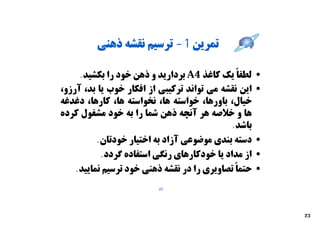 ‫ﺗﻤﺮﯾﻦ 1- ﺗﺮﺳﯿﻢ ﻧﻘﺸﻪ ذﻫﻨﯽ‬

     ‫ﻟﻄﻔﺎً ﯾﮏ ﮐﺎﻏﺬ 4‪ A‬ﺑﺮدارﯾﺪ و ذﻫﻦ ﺧﻮد را ﺑﮑﺸﯿﺪ.‬     ‫•‬
‫اﯾﻦ ﻧﻘﺸﻪ ﻣﯽ ﺗﻮاﻧﺪ ﺗﺮﮐﯿﺒﯽ از اﻓﮑﺎر ﺧﻮب ﯾﺎ ﺑﺪ، آرزو،‬    ‫•‬
‫ﺧﯿﺎل، ﺑﺎورﻫﺎ، ﺧﻮاﺳﺘﻪ ﻫﺎ، ﻧﺨﻮاﺳﺘﻪ ﻫﺎ، ﮐﺎرﻫﺎ، دﻏﺪﻏﻪ‬
‫ﻫﺎ و ﺧﻼﺻﻪ ﻫﺮ آﻧﭽﻪ ذﻫﻦ ﺷﻤﺎ را ﺑﻪ ﺧﻮد ﻣﺸﻐﻮل ﮐﺮده‬
                                             ‫ﺑﺎﺷﺪ.‬
          ‫دﺳﺘﻪ ﺑﻨﺪي ﻣﻮﺿﻮﻋﯽ آزاد ﺑﻪ اﺧﺘﯿﺎر ﺧﻮدﺗﺎن.‬     ‫•‬
           ‫از ﻣﺪاد ﯾﺎ ﺧﻮدﮐﺎرﻫﺎي رﻧﮕﯽ اﺳﺘﻔﺎده ﮔﺮدد.‬    ‫•‬
    ‫ﺣﺘﻤﺎً ﺗﺼﺎوﯾﺮي را در ﻧﻘﺸﻪ ذﻫﻨﯽ ﺧﻮد ﺗﺮﺳﯿﻢ ﻧﻤﺎﯾﯿﺪ.‬   ‫•‬
                          ‫22‬




                                                          ‫32‬
 