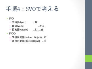 4 SVO                                                                      	
 
•  SVO	
  
   •          (Subject)	
          	
  ... 	
  
   •          (Verb)	
             	
  	
  	
  	
  	
  	
  	
  	
  	
  ...        	
  
   •            (Object)	
         	
  ...                               ... 	
  
•  SVOO	
  
   •                   (Indirect	
  Object)	
  ... 	
  
                                              	
  
   •                   (Direct	
  Object)	
   	
  ... 	
  
 