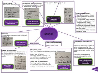 Kinetic energy:                                                               Conservation of energy (part 1):
                                     Gravitational Potential energy:
  This is known as moving energy.    This is the work done in lifting a mass,
                                     m, at a height, h, above the ground.




                                                                                                                                  Generating electricity:
                                                                                                                                  * Thermal power stations change
                                                                                                                                     chemical energy of the fuel into
                                                                                      Click: Conservation                            electrical energy.
                                                                                           of energy                              * A nuclear power station changes
                                                                                          calculation                               the nuclear energy of the uranium
     Click: Kinetic energy                      Click: Potential
                                                                                                                                     fuel into electrical energy.
          calculations                        energy calculations
                                                                                                                                  * A hydroelectric power station
                                                                                                                                    changes the gravitational potential
                                                                                                                                    energy of water behind a dam into
                                                                                                                                    electrical energy.
                                                                                                                                  * A nuclear power station produces
                                                                                                                                    radioactive waste.
Efficiency:                                                                     ENERGY
The energy and power percentage efficiency is
expressed as:


                                                                                                                               Conservation of energy (part
                          Click: efficiency                                       Power, energy and time:                      2):
                            calculations             Heat energy
                                                                                  power = energy / time                        Some of the heat energy supplied will
                                                                                                                               be lost to the surroundings This
                                                                                                                               means that the substance will take in
                                                    Changes of state:                                                          less energy than was supplied by the
Change in temperature:
                                                    There is no change temperature when a change of state occurs.
The specific heat capacity, of a substance, is                                                                                 heater.
the amount if energy (in joules) needed to
                                                    Latent heat of fusion:
change the temperature of 1 kg by 1 degree                                                                                     In most heat problems we can
                                                    The energy required to change 1 kg
Celsius.                                                                                                                       assume no energy is lost to the
                                                    from solid at its melting point to liquid                                  surroundings.
                                                    without a change in temperature.
                                                                                                                                        Click: Conservation
                                                    Latent heat of vaporisation:                                                              of energy
                                                    The energy required to change 1 kg                                                       calculation
                                                    of a liquid at its boiling point into 1 kg
     Click: heat                                                                                          Click: latent heat
                                                    of vapour without a change in temperature.
       energy                                                                                                  energy
    calculations                                                                                             calculations                                           Menu
 
