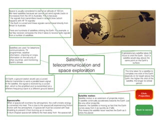 Space is usually considered to start at an altitude of 100 km.
    We need satellites because we cannot just send signals (radio or
    microwave) from the UK to Australia. This is because:
    * the signals from transmitters travel in straight lines (which
    happens with HF TV signals)
    * the Earth is curved and these signals cannot travel directly from
    Britain to Australia

    There are hundreds of satellites orbiting the Earth. For example, a
    Sat Nav receiver compares the time it takes to receive radio signals
    from a number of satellites.




     Satellites are used for telephone
     communications, TV
     programmes, weather                                                                                                         A geostationary satellite takes 24
     information, checking on crops,                                                                                             hours to orbit the Earth. Such a
     information on the security of
                                                            Satellites -
                                                                                                                                  satellite would stay above the
     other countries and monitoring                                                                                                 same point on the Earth's
     Earth's climate                                                                                                                          surface.
                                                      telecommunication and
                                                         space exploration                                                            The time taken for a satellite to
                                                                                                                                      complete one orbit of the Earth
                                                                                                                                     depends on its height above the
On Earth, a ground station would use a curved                                                                                        Earth: the higher the orbit of the
reflector transmitter to send a parallel beam signal.                                                                                  satellite, the longer its orbital
At the satellite, the signal is received by a curved                                                                                                period.
dish, which is the amplified and re-transmitted (at a
different frequency) back to a different ground station.

                                                                                                                                                       Click:
                                                                                Satellite motion:                                                    Projectiles
                                                                                Satellite motion is an extension of projectile motion.
  Spacecrafts:                                                                  A satellite continually accelerates towards the Earth, just
  When a spacecraft re-enters the atmosphere, the craft's kinetic energy        like any other projectile.
  is converted into heat. This is due to the spacecraft experiencing friction   However, the satellite is moving so fast that the Earth
  friction with the atmosphere. A spacecraft must be covered with heat          curves away from it as quickly as it falls.
  shielding to prevent it from burning up on re-entry.                          This means the satellite never reaches the Earth as it             Back to waves
                                                                                                                                                   Back to waves
  A blunt shaped spacecraft deflects the heat away from the spacecraft.         orbits the planet.
 