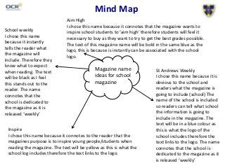 Mind Map
Magazine name
ideas for school
magazine
St Andrews Weekly
I chose this name because it is
obvious to the school and
readers what the magazine is
going to include (school) The
name of the school is included
so readers can tell what school
the information is going to
include in the magazine. The
text will be in a blue colour as
this is what the logo of the
school includes therefore the
text links to the logo. The name
connotes that the school is
dedicated to the magazine as it
is released ‘weekly’
Inspire
I chose this name because it connotes to the reader that the
magazines purpose is to inspire young people/students when
reading the magazine. The text will be yellow as this is what the
school log includes therefore the text links to the logo.
School weekly
I chose this name
because it instantly
tells the reader what
the magazine will
include. Therefore they
know what to expect
when reading. The text
will be black as I feel
this stands out to the
reader. The name
connotes that the
school is dedicated to
the magazine as it is
released ‘weekly’
Aim High
I chose this name because it connotes that the magazine wants to
inspire school students to ‘aim high’ therefore students will feel it
necessary to buy as they want to try to get the best grades possible.
The text of this magazine name will be bold in the same blue as the
logo, this is because is instantly can be associated with the school
logo.
 