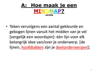 A: Hoe maak je een
            MINDMAP?
                      vervolg




• Teken vervolgens een aantal gekleurde en
  gebogen lijnen vanuit het midden van je vel
  [vergelijk een woordspin]: één lijn voor elk
  belangrijk idee van/over je onderwerp. [de
  lijnen, hoofdtakken zijn je deelonderwerpen];



                                                  11
 