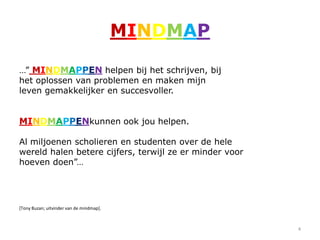 MINDMAP

…” MINDMAPPEN helpen bij het schrijven, bij
het oplossen van problemen en maken mijn
leven gemakkelijker en succesvoller.


MINDMAPPENkunnen ook jou helpen.

Al miljoenen scholieren en studenten over de hele
wereld halen betere cijfers, terwijl ze er minder voor
hoeven doen”…




[Tony Buzan; uitvinder van de mindmap].



                                                         4
 