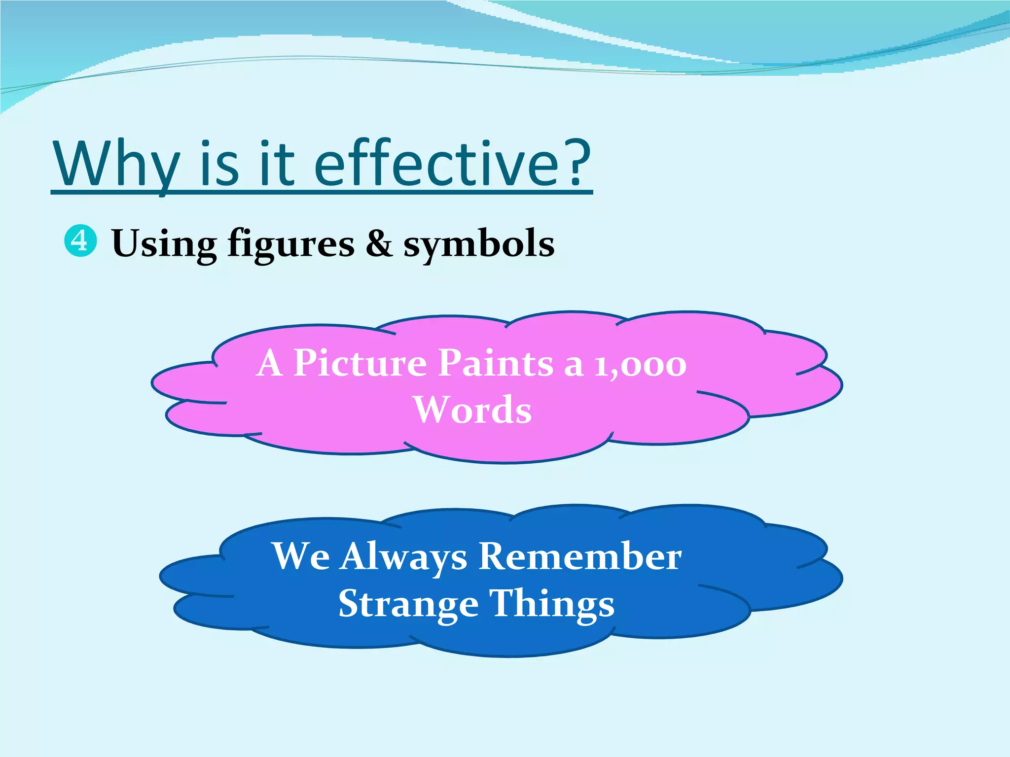 Why is it effective? Using figures & symbols A Picture Paints a 1,000 Words We Always Remember Strange Things 