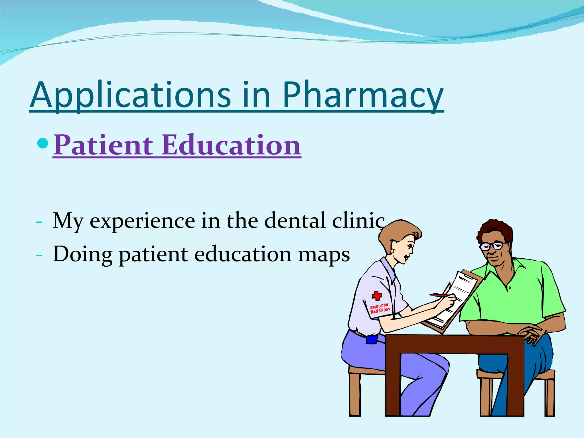Applications in Pharmacy Patient Education My experience in the dental clinic Doing patient education maps 