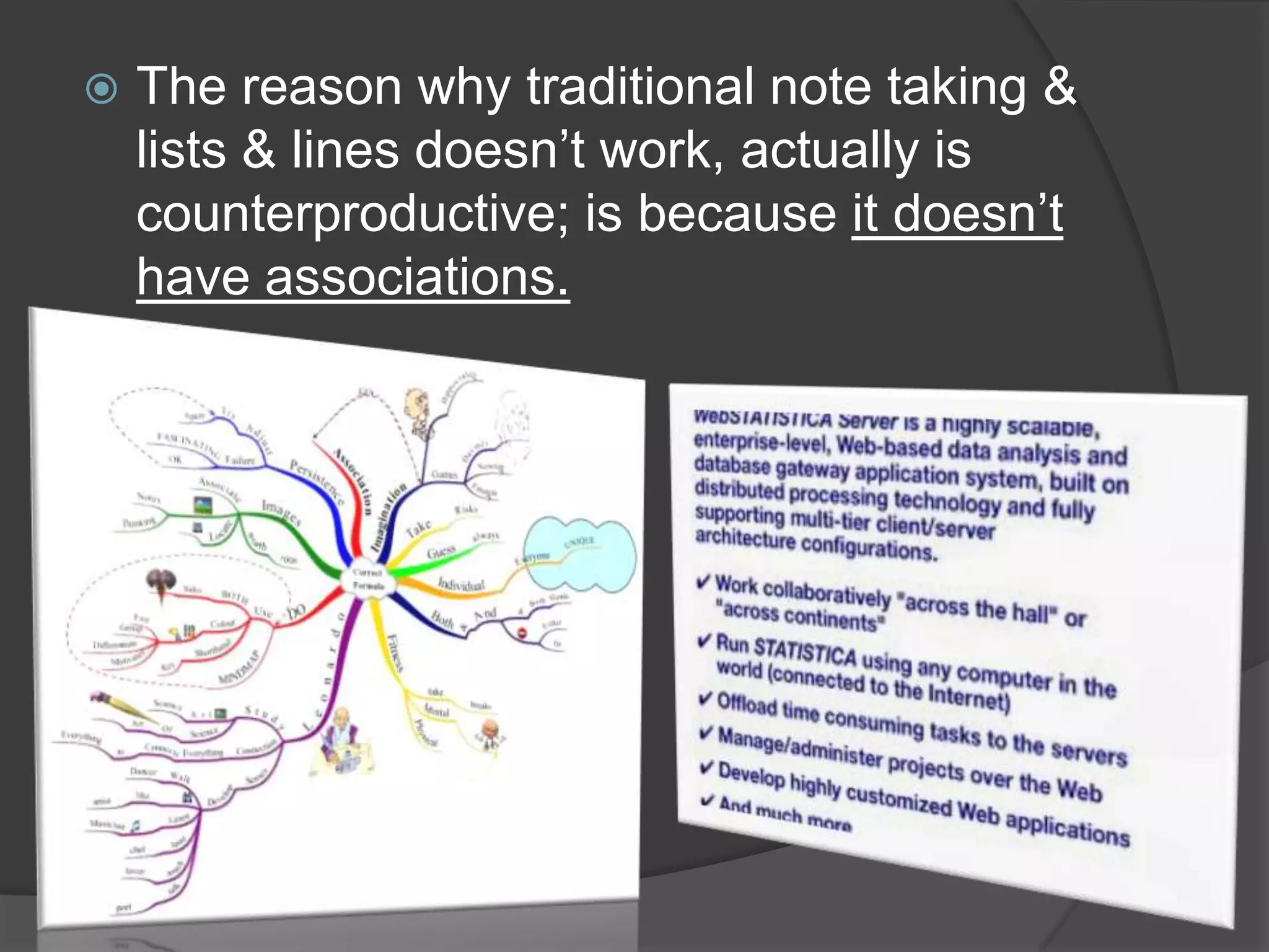 The reason why traditional note taking & lists & lines doesn’t work, actually is counterproductive; is because it doesn’t have associations.