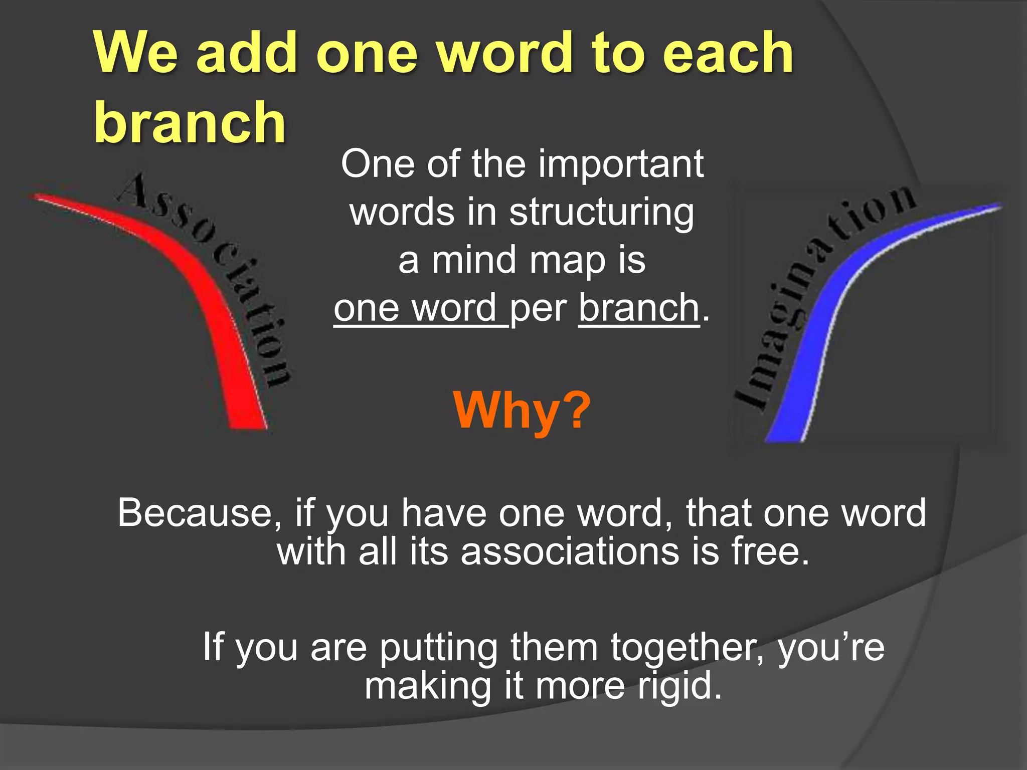 We add one word to each branchOne of the important words in structuring a mind map is one word per branch.Why?Because, if you have one word, that one word with all its associations is free.	If you are putting them together, you’re making it more rigid.