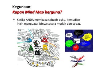 Kegunaan:
Kapan Mind Map berguna?
 Ketika ANDA membaca sebuah buku, kemudian
  ingin menguasai isinya secara mudah dan cepat.
 