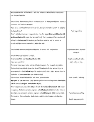 Vitreous Chamber is filled with a jelly like substance which helps to maintain the shape of eyeball. 
The teacher then show a picture of the structure of the eye and points aqueous chamber and vitreous chamber. 
Now let us see the different layers of eye. Can you name the Layers of eye(BB) that you know? 
Pupil says retina 
That’s right but there are 3 layers in the Eye, The outer Sclera, middle choroid, and Inner Retine(BB under the layers of eye). The transparent front portion of sclera is called cornea(BB under sclera) and the anterior pair of cornea is protected by a membrane called Conjuctiva (BB). 
The Teacher with the help of chart points of cornea and conjunctiva 
The middle layer is called Choroid. 
It consists of Iris and blood capillaries (BB) 
Have you seen Iris? 
Pupil listens and Observes carefully 
Pupils says Yes, It is the dark color on Eye. 
The inner most layer is the retina . It helps in vision. The image is formed in Retina, that is sent to brain as the signal. The place in Retina where there is great vision is called Yellow Spot (BB under retina), and a place where there is no vision is called Blind spot (BB under retina). 
The teacher shows Yellow Spot and Blind Spot on chart. 
Pupil Listens Carefully 
Receptor of Eye (BB under Eye). The receptors consists of a protein Retinal(BB) which consists of Opsin and Vitamin A (BB). 
The receptors are present in 2 type of cells Rod cells and Cone cells (BB under receptors). Rod cells contains pigment called Rodopsin (BB) that helps vision in dim light and cone cells contains pigment called Photopsin (BB)- intense light. 
Pupils listens carefully 
The teacher then makes the students to read the mind map created on the board. 
Pupils learns actively 
 