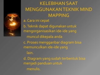 KELEBIHAN SAAT 
MENGGUNAKAN TEKNIK MIND 
MAPPING 
a. Cara ini cepat 
b. Teknik dapat digunakan untuk 
mengorganisasikan ide-ide yang 
muncul dikepala anda 
c. Proses mengganbar diagram bisa 
memunculkan ide-ide yang 
lain. 
d. Diagram yang sudah terbentuk bisa 
menjadi panduan untuk 
menulis. 
 