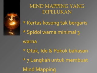 MIND MAPPING YANG 
DIPELUKAN 
* Kertas kosong tak bergaris 
* Spidol warna minimal 3 
warna 
* Otak, Ide & Pokok bahasan 
* 7 Langkah untuk membuat 
Mind Mapping 
 