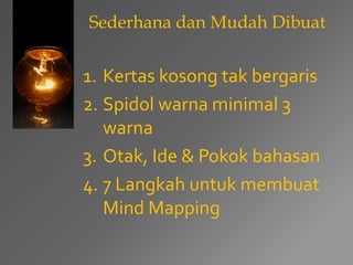 Sederhana dan Mudah Dibuat 
1. Kertas kosong tak bergaris 
2. Spidol warna minimal 3 
warna 
3. Otak, Ide & Pokok bahasan 
4. 7 Langkah untuk membuat 
Mind Mapping 
 