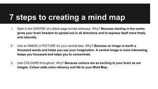 7 steps to creating a mind map
1. Start in the CENTRE of a blank page turned sideways. Why? Because starting in the centre
gives your brain freedom to spread out in all directions and to express itself more freely
and naturally.
2. Use an IMAGE or PICTURE for your central idea. Why? Because an image is worth a
thousand words and helps you use your imagination. A central image is more interesting,
keeps you focussed and helps you to concentrate.
3. Use COLOURS throughout. Why? Because colours are as exciting to your brain as are
images. Colour adds extra vibrancy and life to your Mind Map.
 
