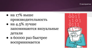 ● на 17% выше
производительность
● на 4.5% лучше
запоминаются визуальные
детали
● в 60000 раз быстрее
воспринимается
О восприятии
 