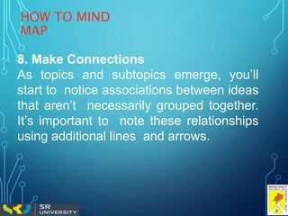 HOW TO MIND
MAP
8. Make Connections
As topics and subtopics emerge, you’ll
start to notice associations between ideas
that aren’t necessarily grouped together.
It’s important to note these relationships
using additional lines and arrows.
 