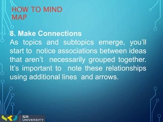 HOW TO MIND
MAP
8. Make Connections
As topics and subtopics emerge, you’ll
start to notice associations between ideas
that aren’t necessarily grouped together.
It’s important to note these relationships
using additional lines and arrows.
 