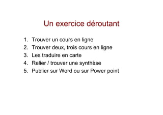 Un exercice déroutant
1.   Trouver un cours en ligne
2.   Trouver deux, trois cours en ligne
3.   Les traduire en carte
4.   Relier / trouver une synthèse
5.   Publier sur Word ou sur Power point
 